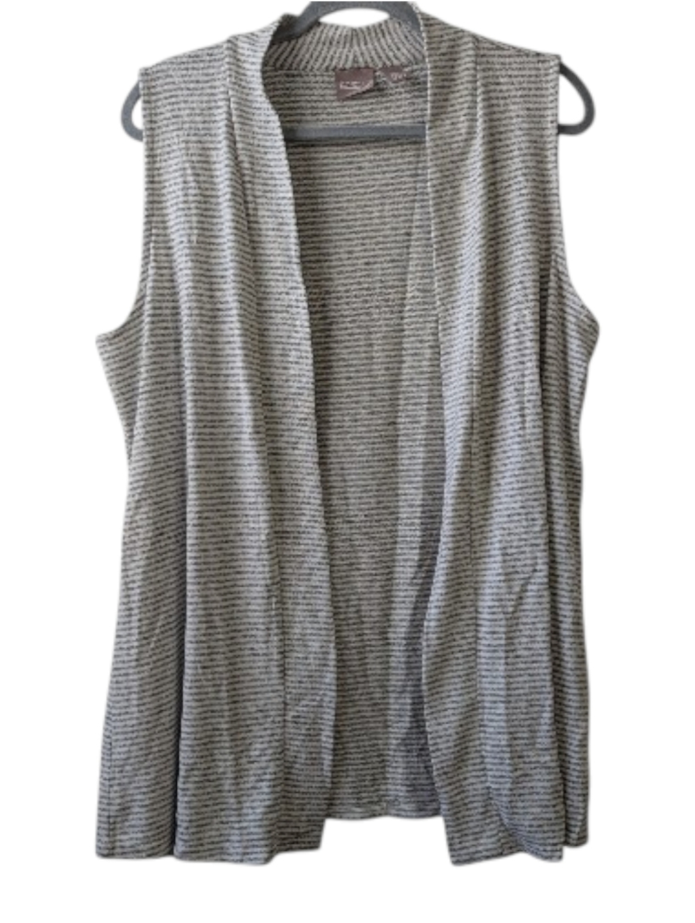 CHICO'S WOMEN'S GRAY/WHITE STRIPED SLEEVELESS OPEN-FRONT CARDIGAN VEST SIZE M/8